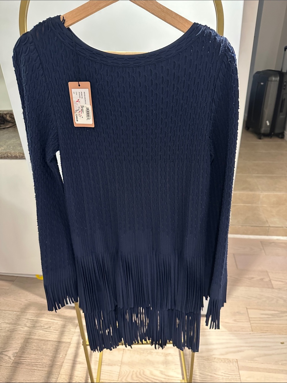 Alaia Navy Fringe-Hem Crewneck Sweater